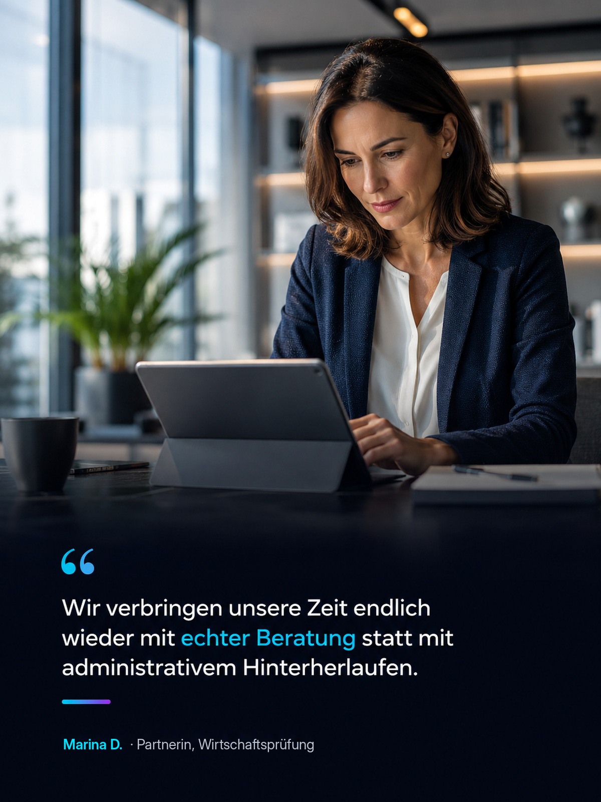 Souveräne Beraterin im modernen Büro — QOON für Beratung & Professional Services
