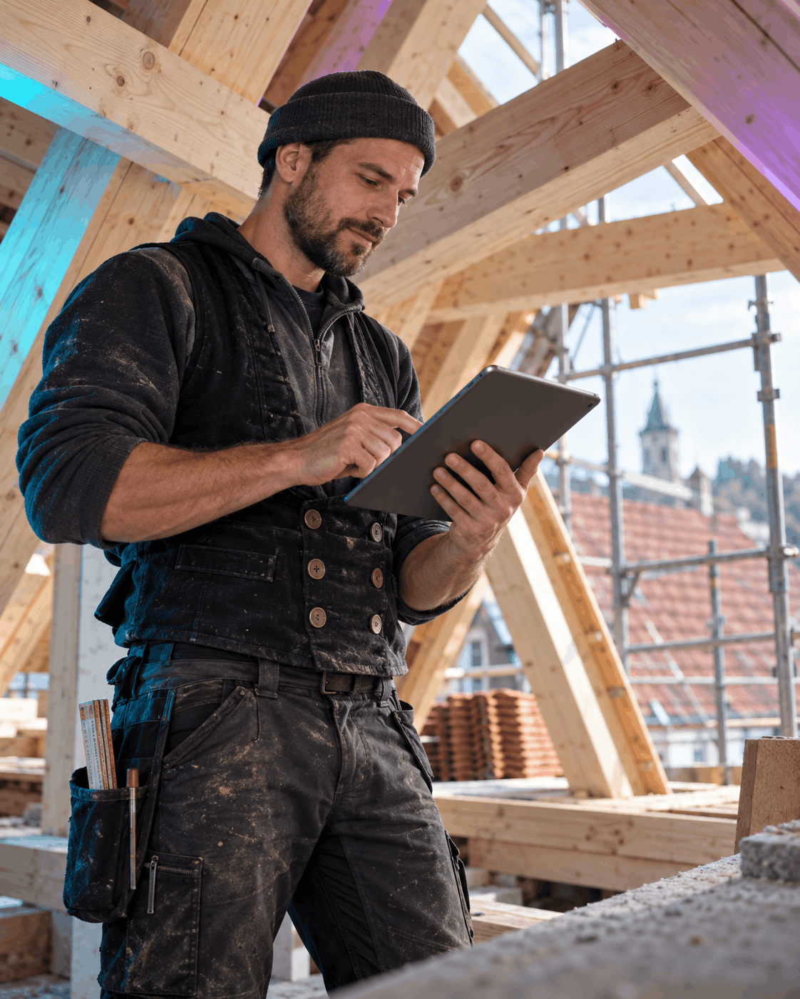 Zimmerer auf der Baustelle mit digitaler Bauakte